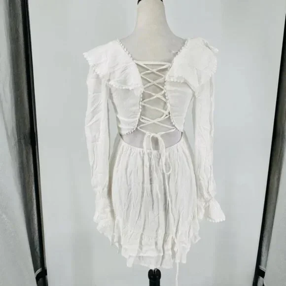 White Long Sleeve V-Neck Open Back Ruffle Hem Mini Dress - Picture 13 of 17